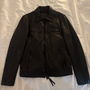 AllSaints Black Leather Jacket Minimal Zip Moto Style Size __